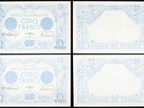 quatre billets de banque français différents, ornés de motifs bleus et blancs
