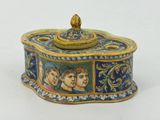 a blue and yellow box with pictures of people on it