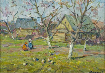 an oil painting of a woman sitting in a field surrounded by trees