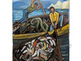 un tableau représentant deux hommes dans un bateau avec des poissons