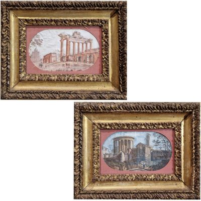 deux tableaux encadrés représentant un temple romain et un temple romain