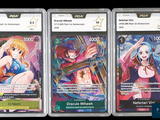 three cards with different anime characters on them on a black background