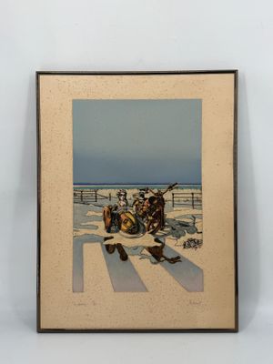 painting of a motorcycle with a man on the back of it on a white surface