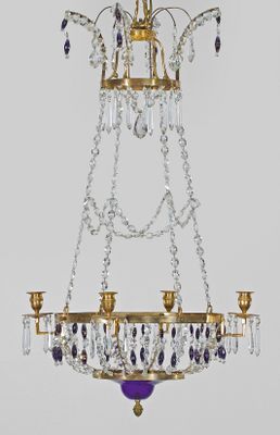 an image of a chandelier with a purple glass ball hanging from the middle of it
