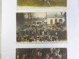 two pictures of people riding horses in a field