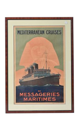 une vieille affiche représentant un bateau en mer avec un homme à bord