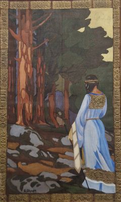 tableau représentant une femme en robe bleue marchant dans une forêt