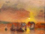 a painting of a painting of boats in a body of water