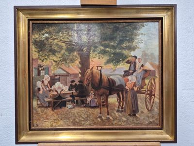 une peinture représentant une calèche avec des passagers