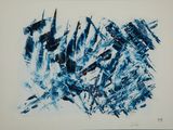 blue and white abstract painting on white paper with a black border