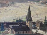 a painting of a church with a steeple in the background