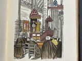 a book with a drawing of a priest in a church