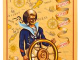 une vieille affiche représentant un marin sur un bateau, avec une barre