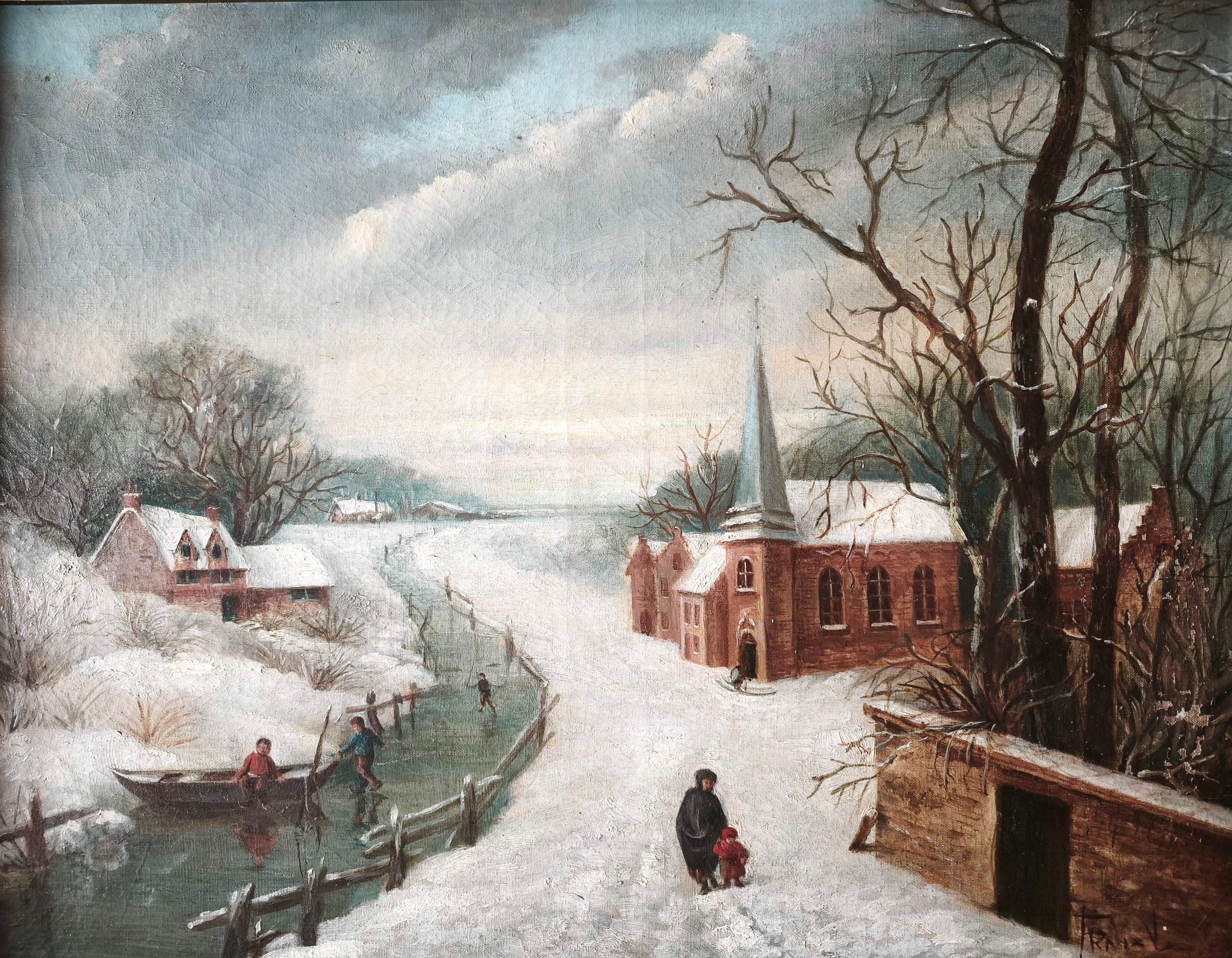 FRANZ V. La promenade en hiver. Huile sur toile signée en bas à droite. Haut. : 46 cm. Larg. : 61 cm.