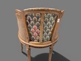 an image of a wooden chair with a colorful upholstered seat