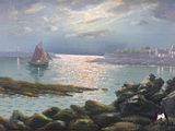 a painting of a sailboat on the water by the shore