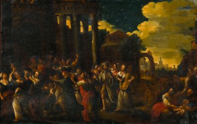 une peinture à l'huile représentant une foule rassemblée autour d'un bâtiment