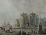 a picture of a painting of a castle on the water