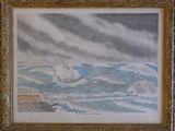 painting of a sailboat in rough seas with a stormy sky