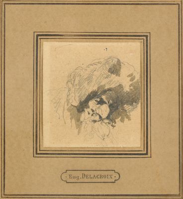dessin représentant une femme avec un oiseau sur la tête, dans un cadre