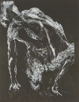 un dessin en noir et blanc représentant un homme assis sur un rocher