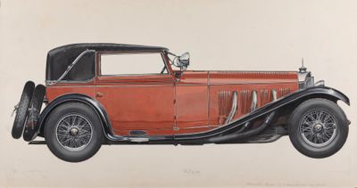 drawing of an old red car with a black top and black tires