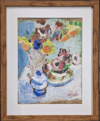 a painting of flowers in a vase on a table