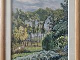 une peinture à l'huile représentant un paysage avec des arbres et des buissons