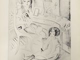 drawing of a woman and a child sitting on a chair in front of a mirror