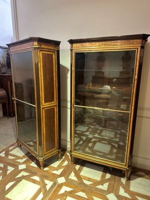 pair of antique display cabinets with glass doors in a room