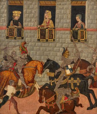 painting of a group of men riding on horses in front of a building
