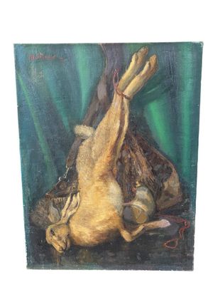 an oil painting of a dead animal on a green background