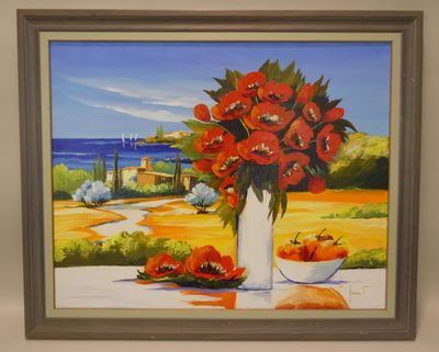 painting of red flowers in a white vase and a bowl of apples