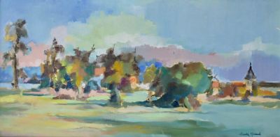une peinture à l'huile représentant un champ avec des arbres et une église au loin