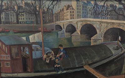 un tableau représentant un homme et un chien sur un bateau