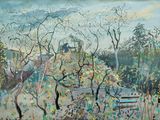 peinture représentant une peinture d'un parc avec un banc et des arbres