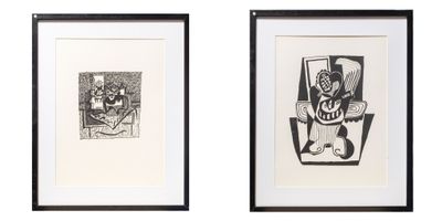 two framed black and white drawings of a man and a woman