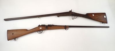 On voit deux armes à feu posées sur une surface blanche, avec un fond blanc.