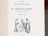an old book with a drawing of a man and a woman standing in front of a stack of books