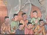 a painting of a group of people in front of an elephant