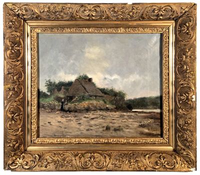 une peinture à l'huile représentant une scène de vie à la ferme, avec un homme et un chien au premier plan