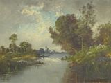painting of a river scene with a boat in the water