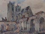 tableau représentant un vieux bâtiment avec une tour horloge en arrière-plan