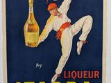 une vieille affiche représentant une femme tenant une bouteille d'alcool