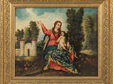 un tableau représentant une femme tenant un enfant dans ses bras, au milieu d'un paysage