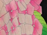 painting of a pink hydrant with green leaves on a black background