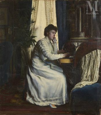 painting of a woman sitting at a desk in front of a window