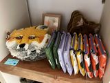 a shelf that has many different types of cloths on it