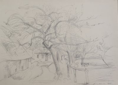 dessin au crayon représentant un arbre et un banc dans un parc