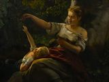 une image représentant un tableau où l'on voit une femme et un enfant dans les bois